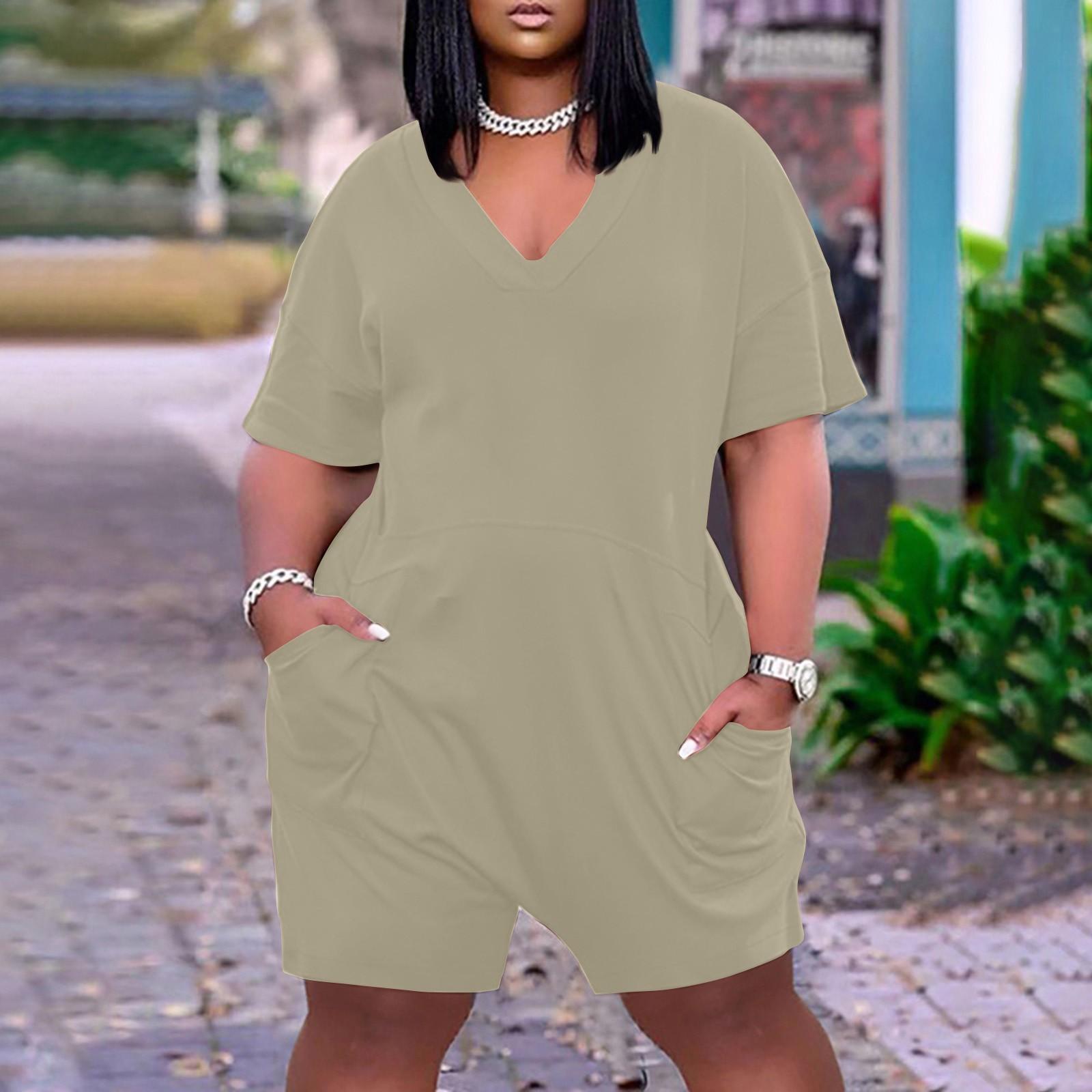 

(Куниде) Летний плюс размер V-образным вырезом с коротким рукавом и карманом до колена, повседневный комбинезон для женщин XXXL хаки