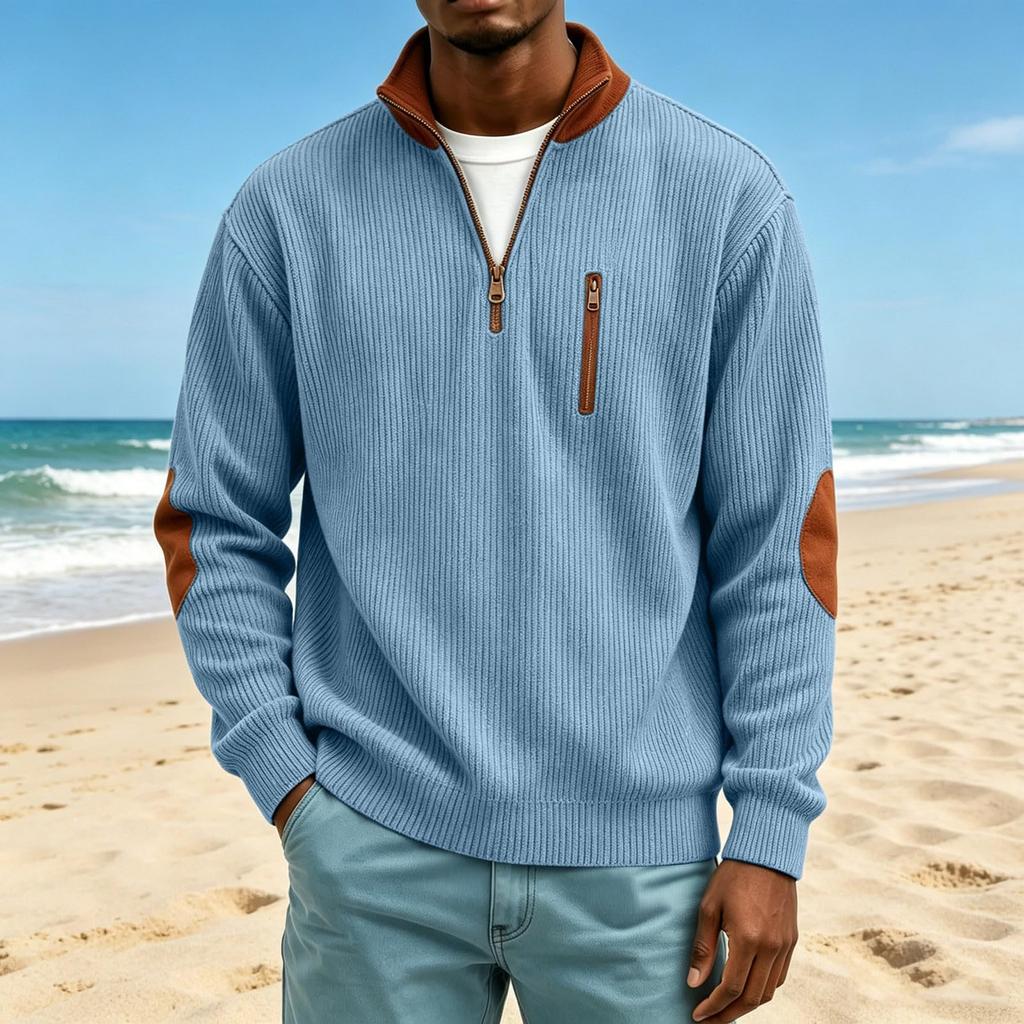 Men's Corduroy Stand Up Collar Sweater Casual Top with Chest Zipper Pocket and Cuff Patches