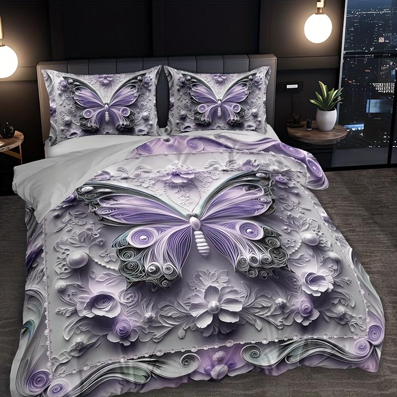 

3Pcs Baroque Style Embossed Butterfly Floral Duvet Cover Set, HD Print All Season Bedding with Pillowcases for Home Dorm Decor EU Twin(135x200cm)