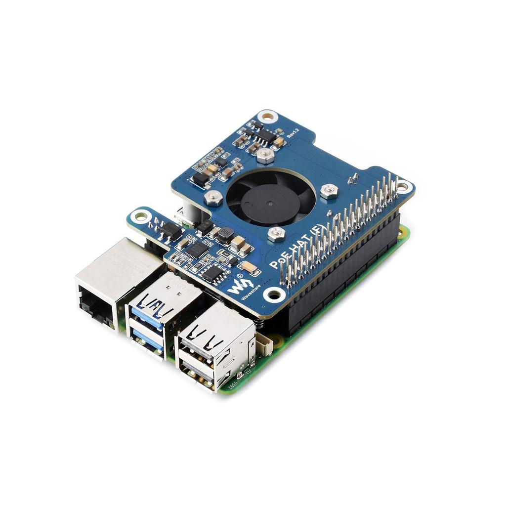 Raspberry Pi 5 PoE Ethernet Power Expansion Board with Fan Heatsink, 802.3af/at, 5/12V.