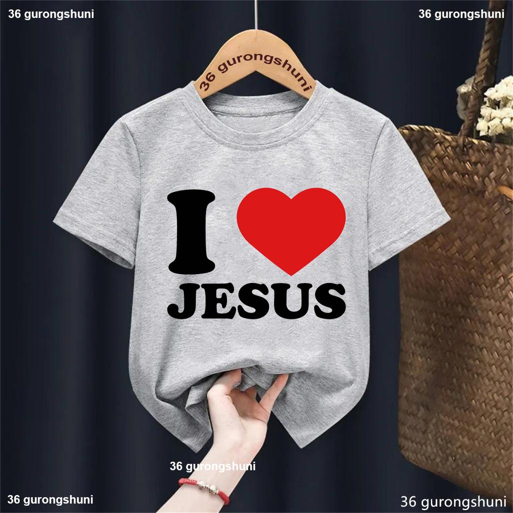 Lustiges Kawaii Kinderkleidung L Ich liebe Jesus Buchstaben bedrucktes T-Shirt Mädchen/Jungen Sommer Weiß/Schwarz/Rosa/Blau/Grau/Gelb T-Shirt