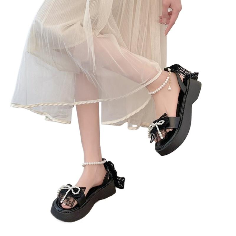 SyfIyno Sommer Neue Perlen Schleife Sandalen Damen Ein Riemen, Offene Zehen, Dicke Sohle Mode Römische Damen Sandalen