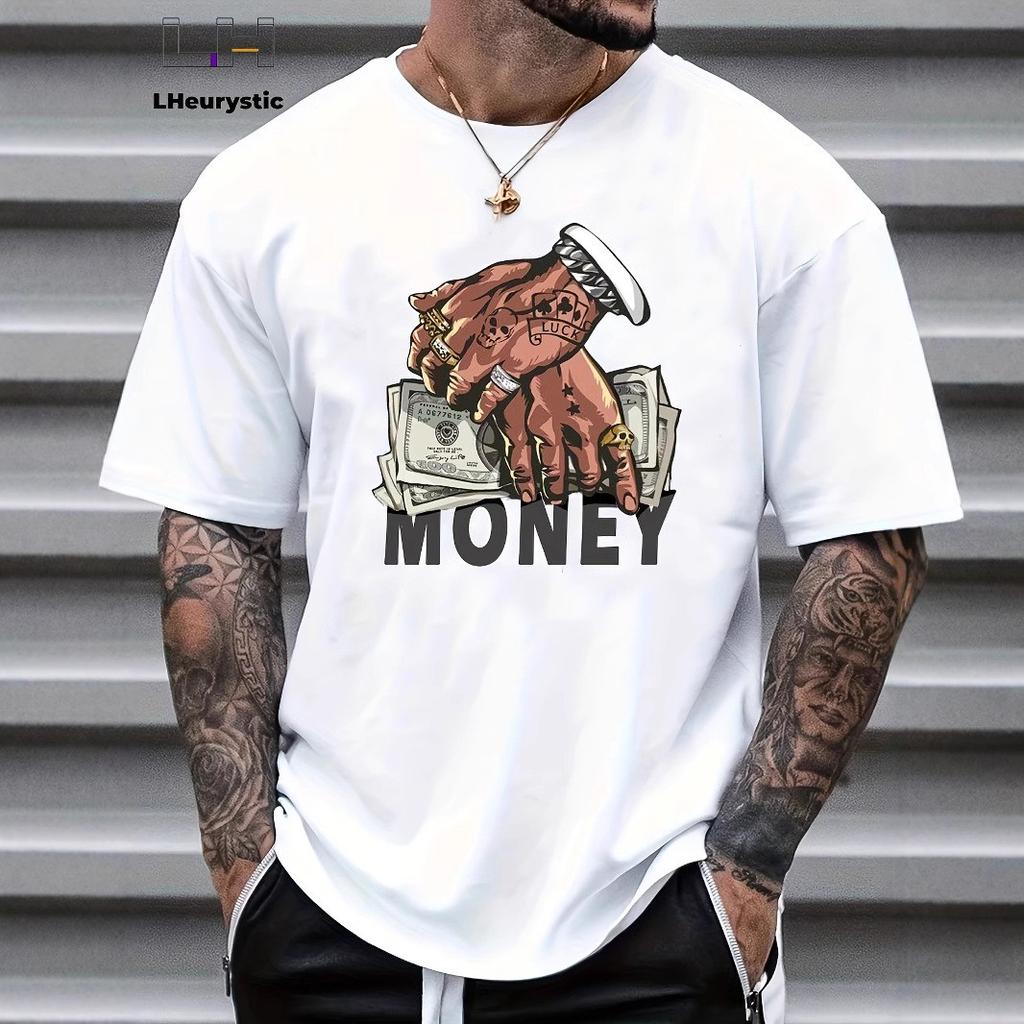 Summer Round Neck Money Graphic Printed T-shirts Fashionable Casual Pure Cotton Short Sleeved Men's T-shirts