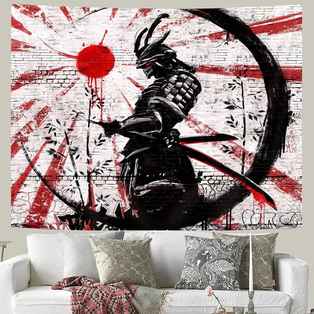 iTapnoom Japanese Samurai Art Decor Tapestry Wall Hanging for Bedroom, Cool Anime Red and Black Sun Moon Poster Wall Art