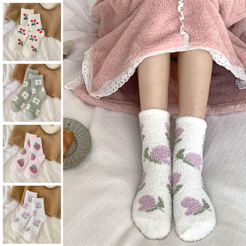 Flower Strawberry Coral Fleece Socks Winter Warm Socks Women Soft Floor Plush Socks  Winter