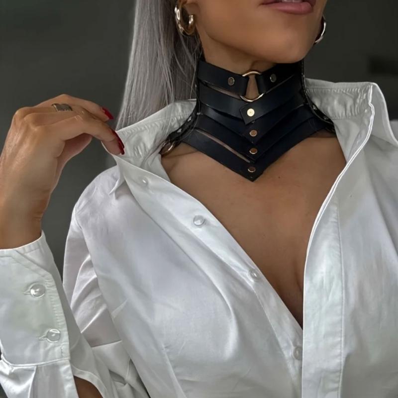 Goth Punk Faux Leather Necklace Adjustable O Ring Bows Tie Necklace Vintage Goth Punk Style Choker for Parties