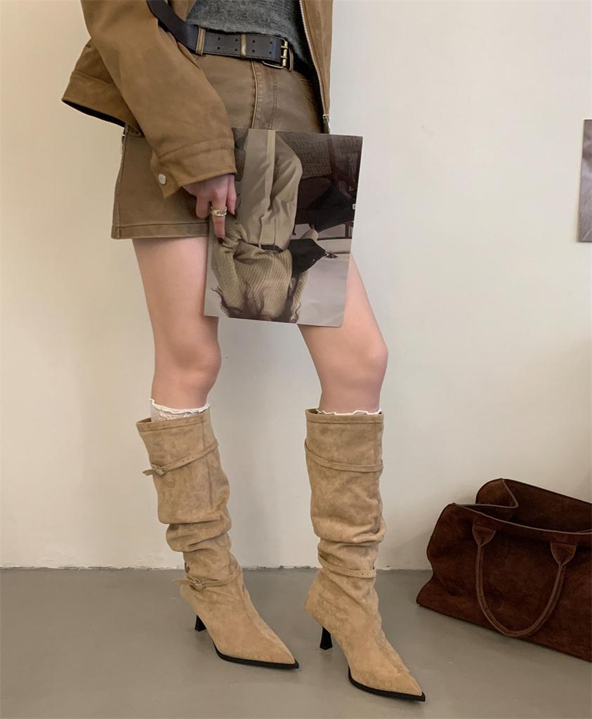 2025 thick heel retro velvet brown knight boots French thin bare boots autumn and winter women's knee boots children