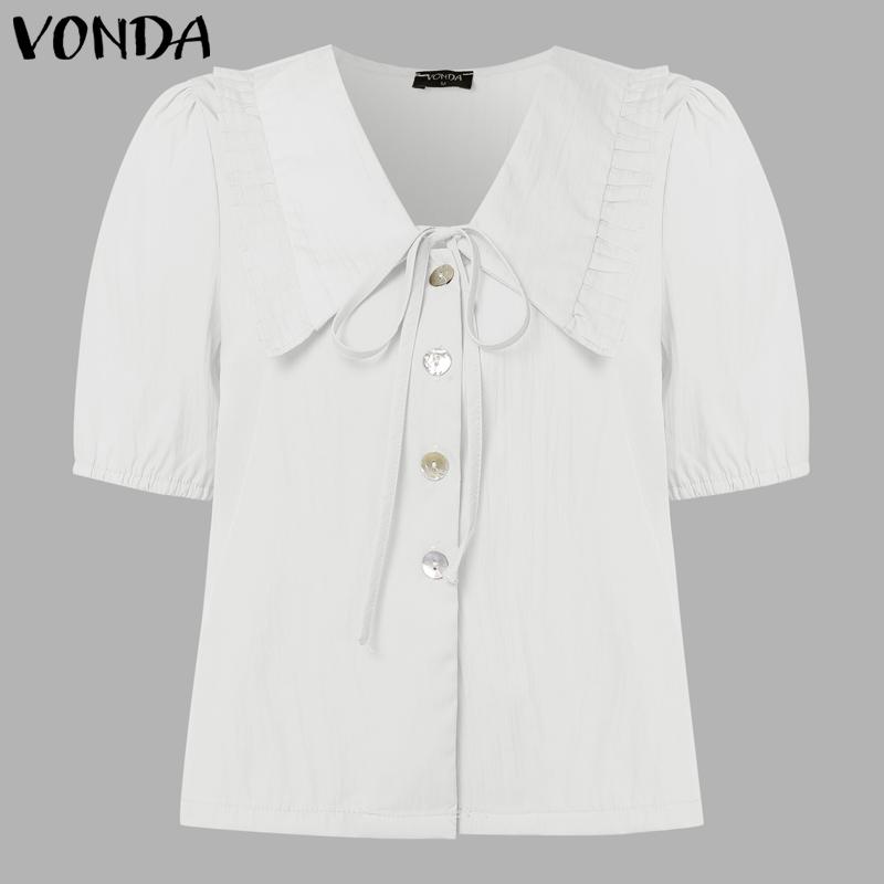 

VONDA Women Casual Doll Collar Short Sleeve Ruffled Buttons Cropped Blouse S
