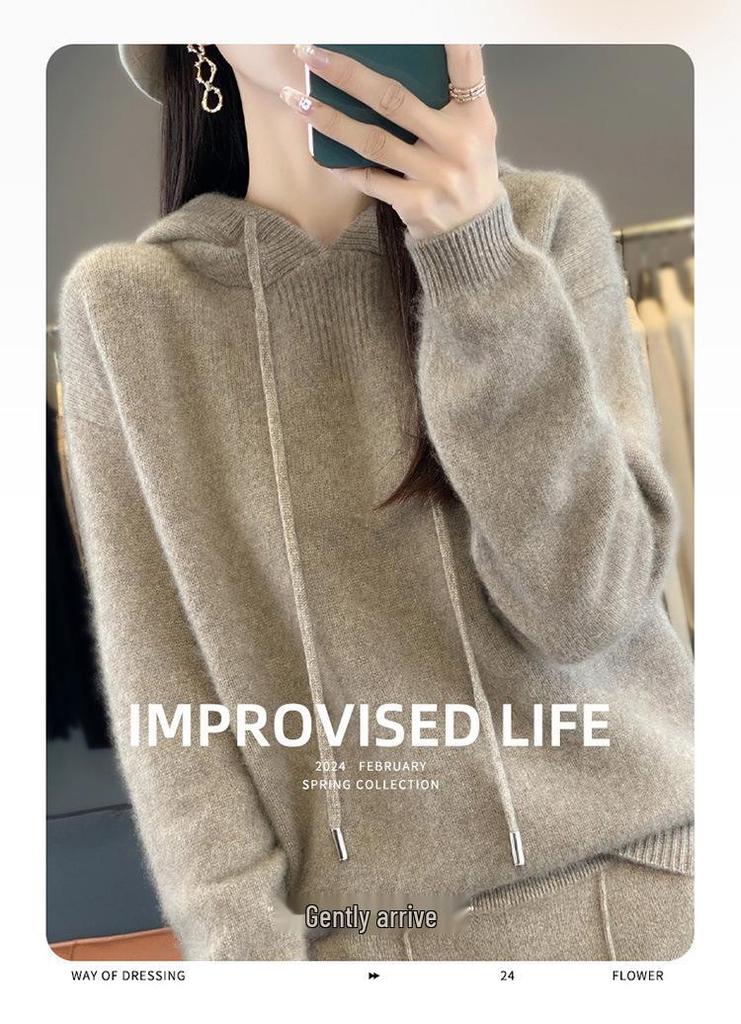 100% Reine Wolle Damen Locker Gestrickter Hoodie - Herbst/Winter 2025