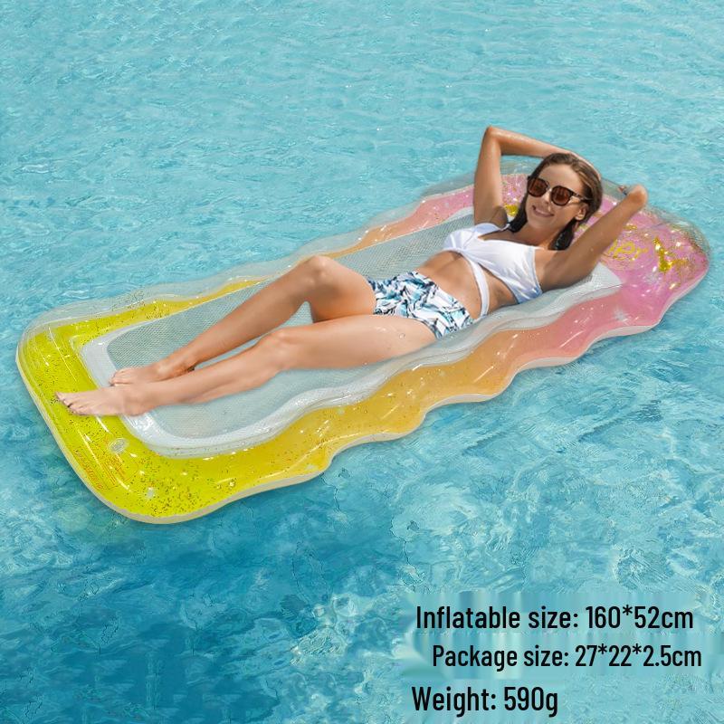 Portable Foldable PVC Striped Water Lounge Chair with Hanging Net - Single Inflatable Floating Bed