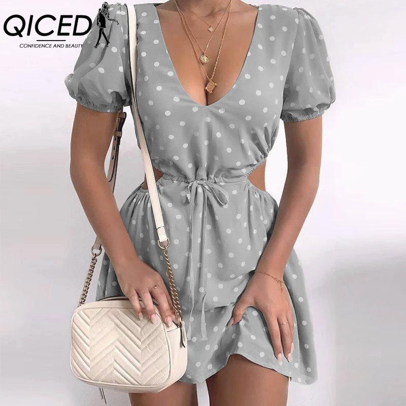 

QICED Женское мягкое платье для свидания в горошек с открытой талией XXXL серый