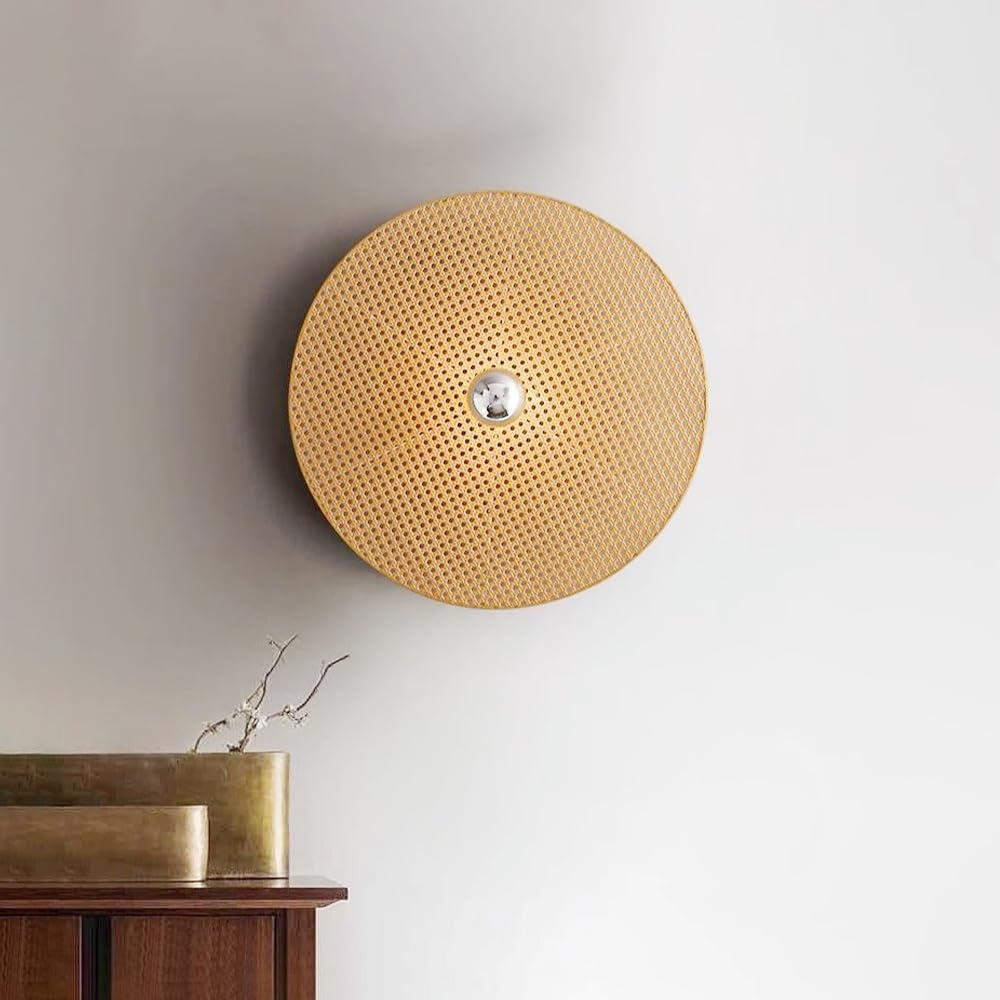 Round Rattan Wall Sconce Rustic Wall Light Handwoven Wall Sconces Lighting Fixture Vintage Circular Wall Mount Lights Living Room Wall Sconces