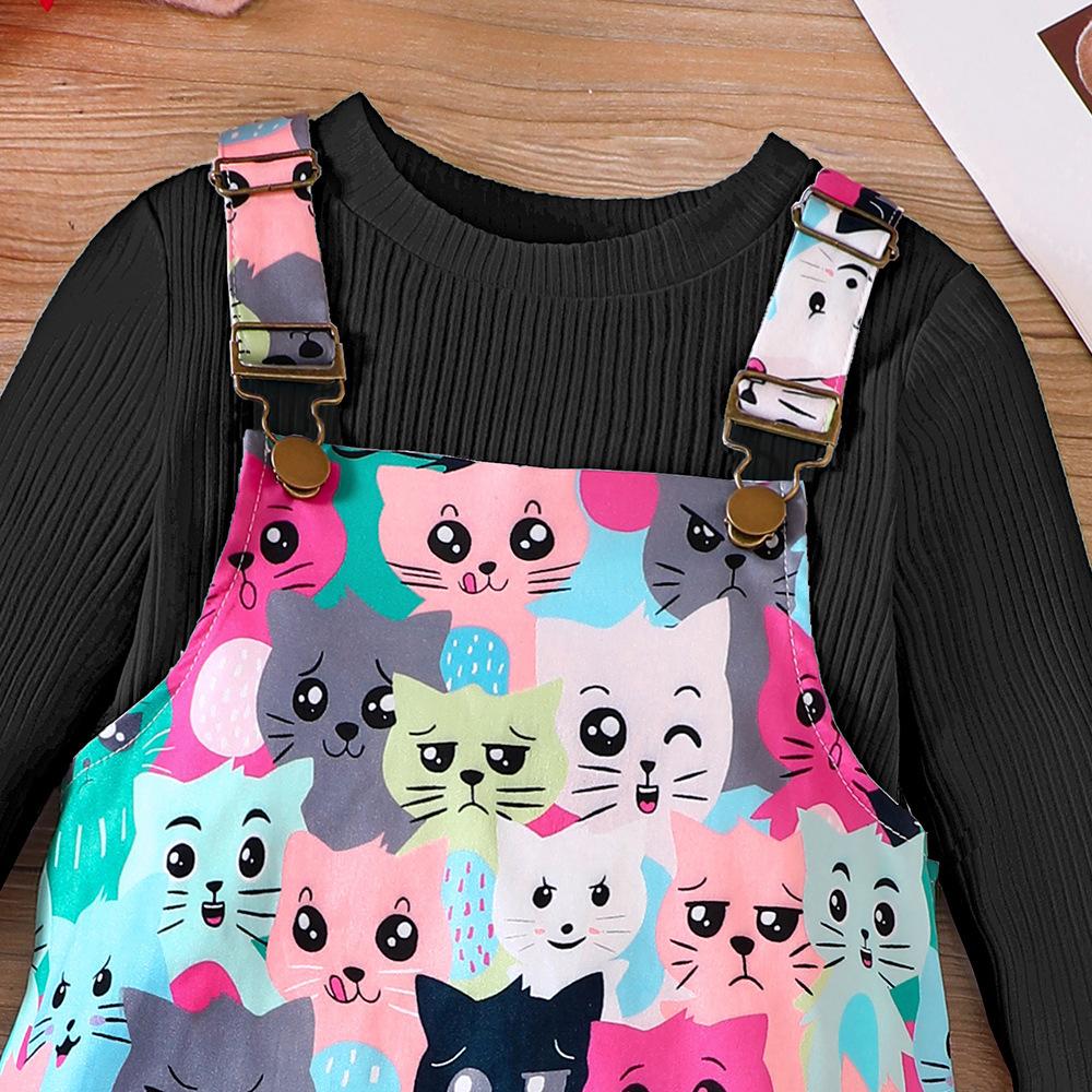 Children Clothing Girls Spring Autumn Knitted Tops + Cartoon Cat Printed Suspender Skirt Set for Toddler Sling Dress Suit