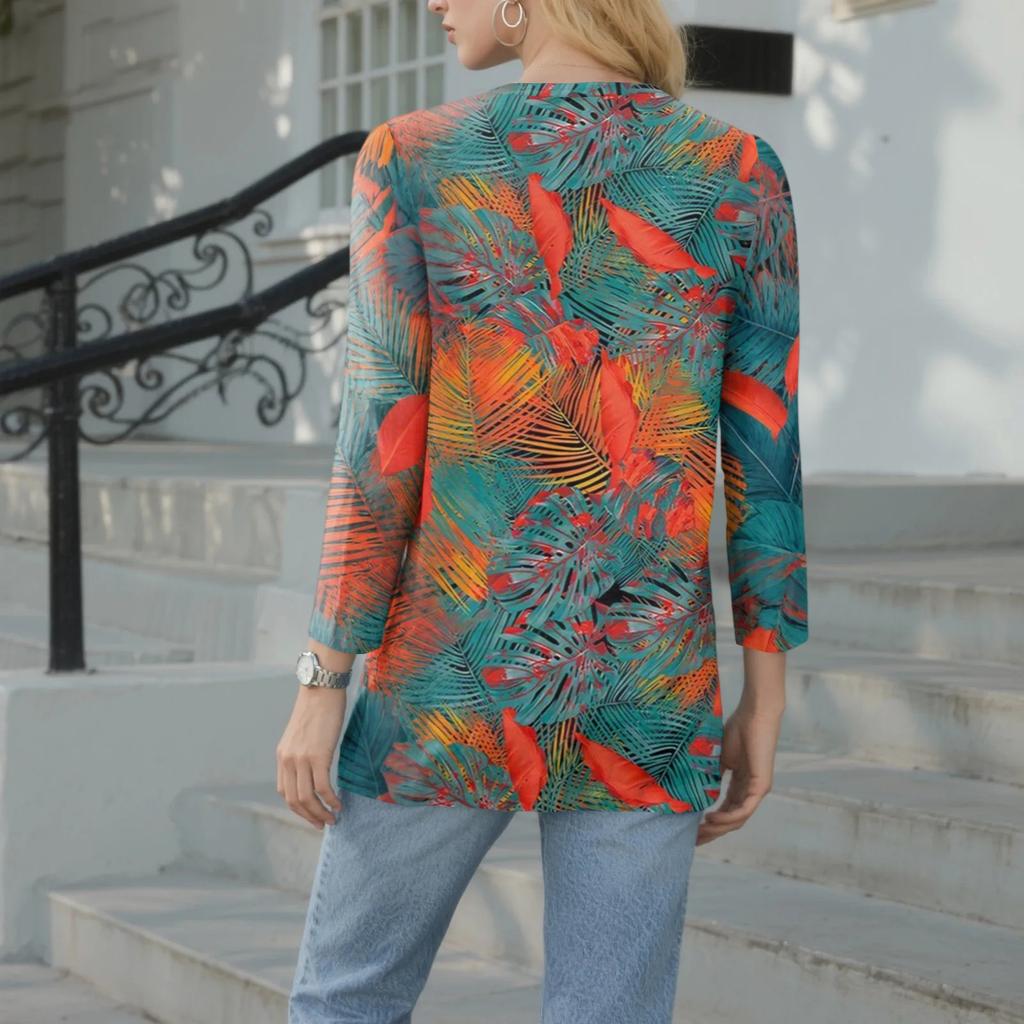 Women's Casual Fashion Sexy Comfortable V-Neck Button Floral Three-quarter Sleeve Top