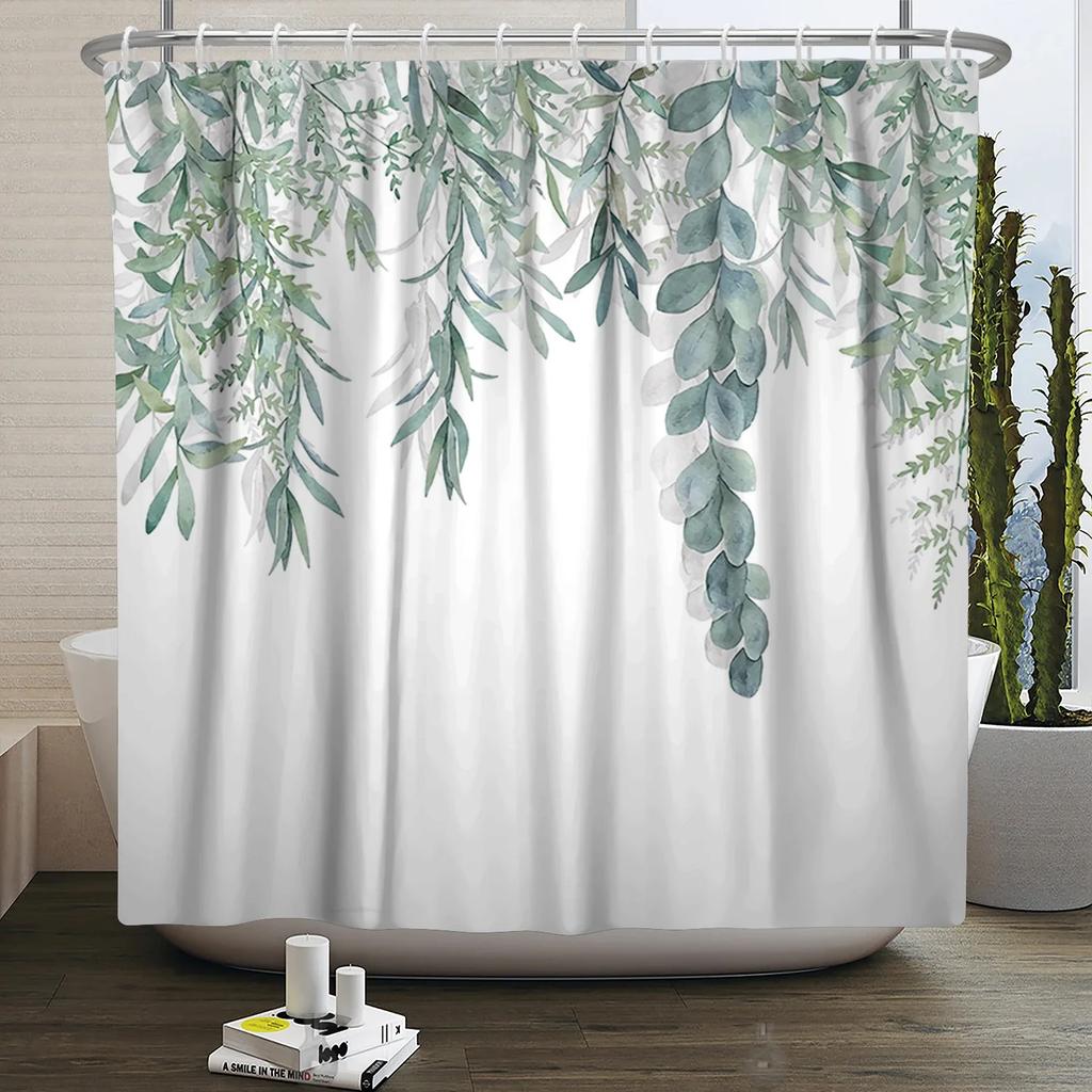 Watercolor Green Leaf Shower Curtain for Bathroom Vines Plant Nordic Minimalist Polyester Botanic Curtain for Home Hotel 180x240