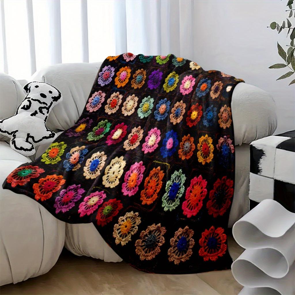 1PC Vintage Floral Crochet Blanket - Super Soft Flannel Four Seasons Sofa, Bed and Home Decor Shawl, Luxurious and Comfortable G