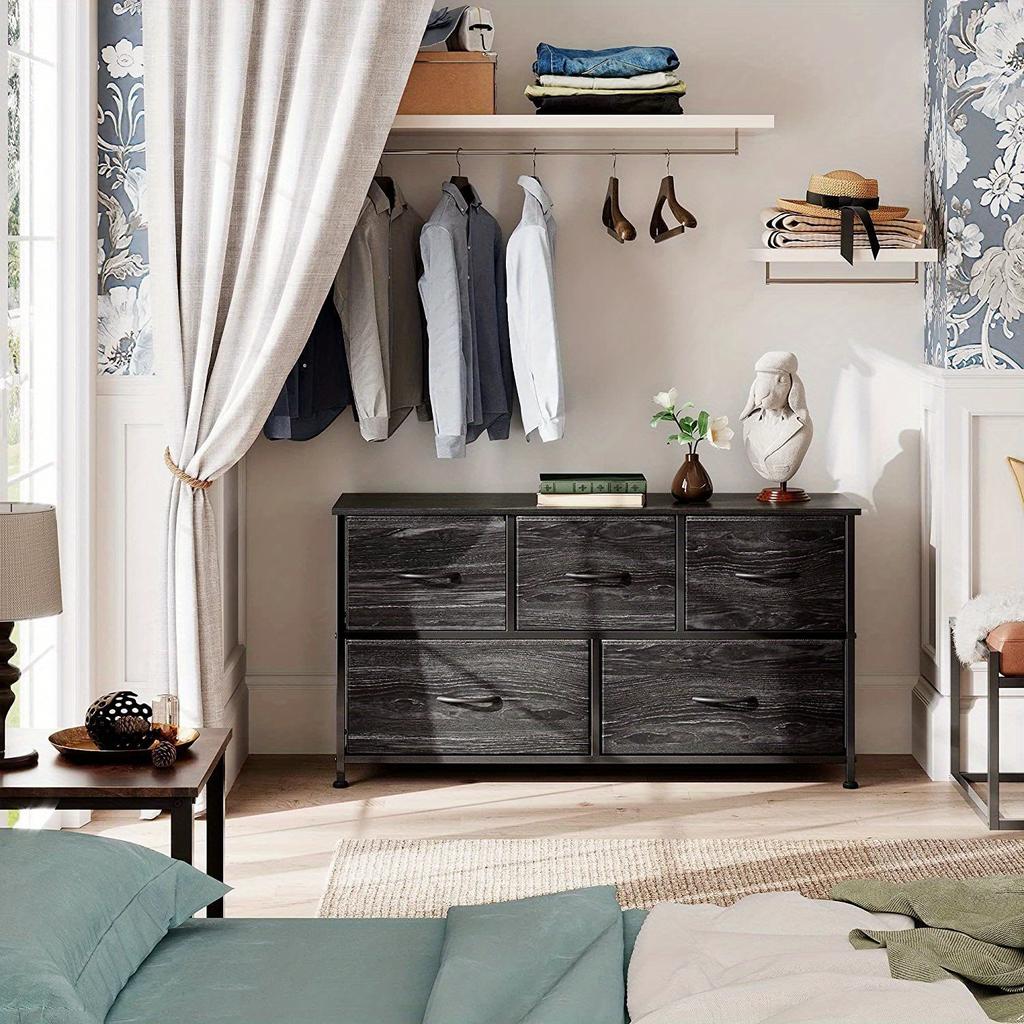 Drawer Storage Cabinet with 5 Drawers, Clothes-drawer Closet for Living Room Bedroom & Entryway, Metal Frame + Wood Board