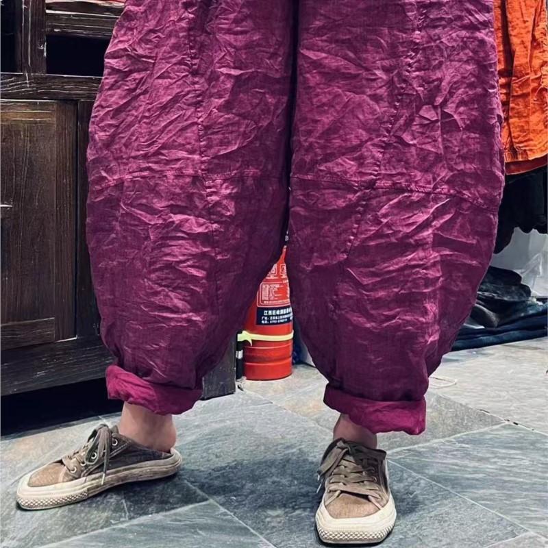 Johnature Women Harem Pants Solid Color Elastic Waist Pockets Patchwork Trousers Summer Loose Ankle Length Pants