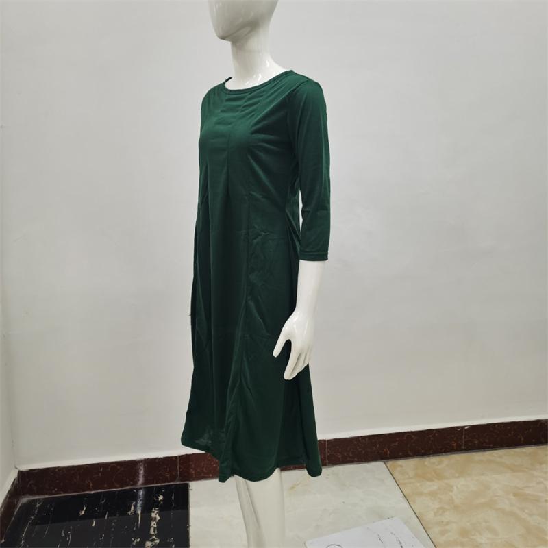 Sommerkleid für Damen, modisch, Rundhalsausschnitt, mittlere Ärmel, einfarbig, plissiert, lange Kleider