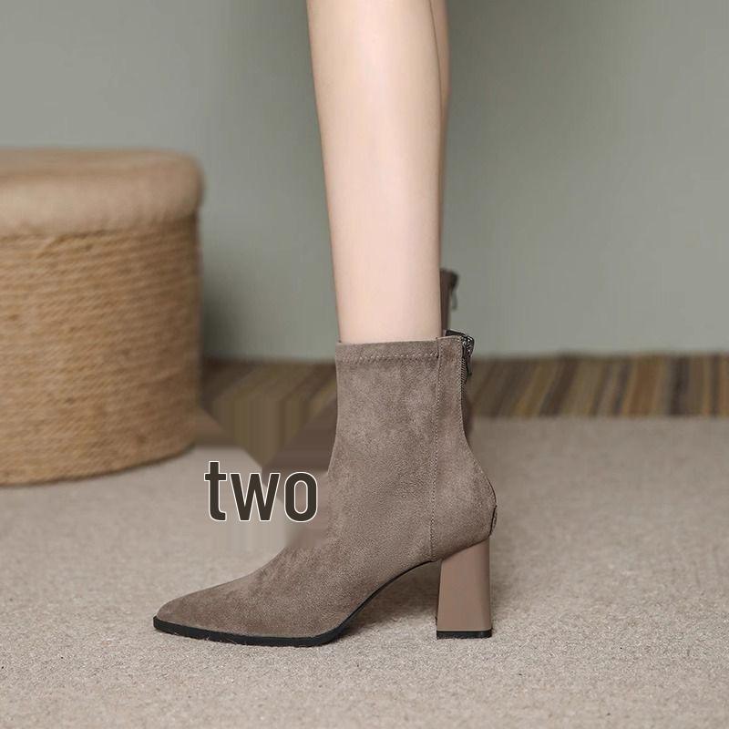 Women's Genuine Leather Suede Chunky Heel Ankle Boots - Pointed Toe, Slimming Design, 2025 Autumn/Winter Collection