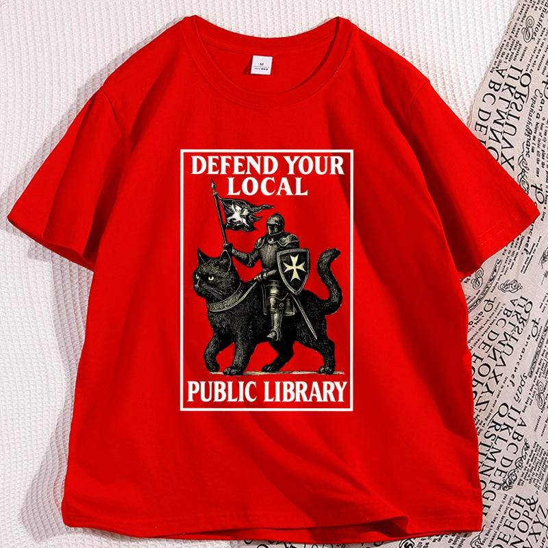 

Defend Your Local Library T Shirt Funny Knight Cat Tee Men Women Book Lover Fantasy Reader Humor TShirt Man Clothing S