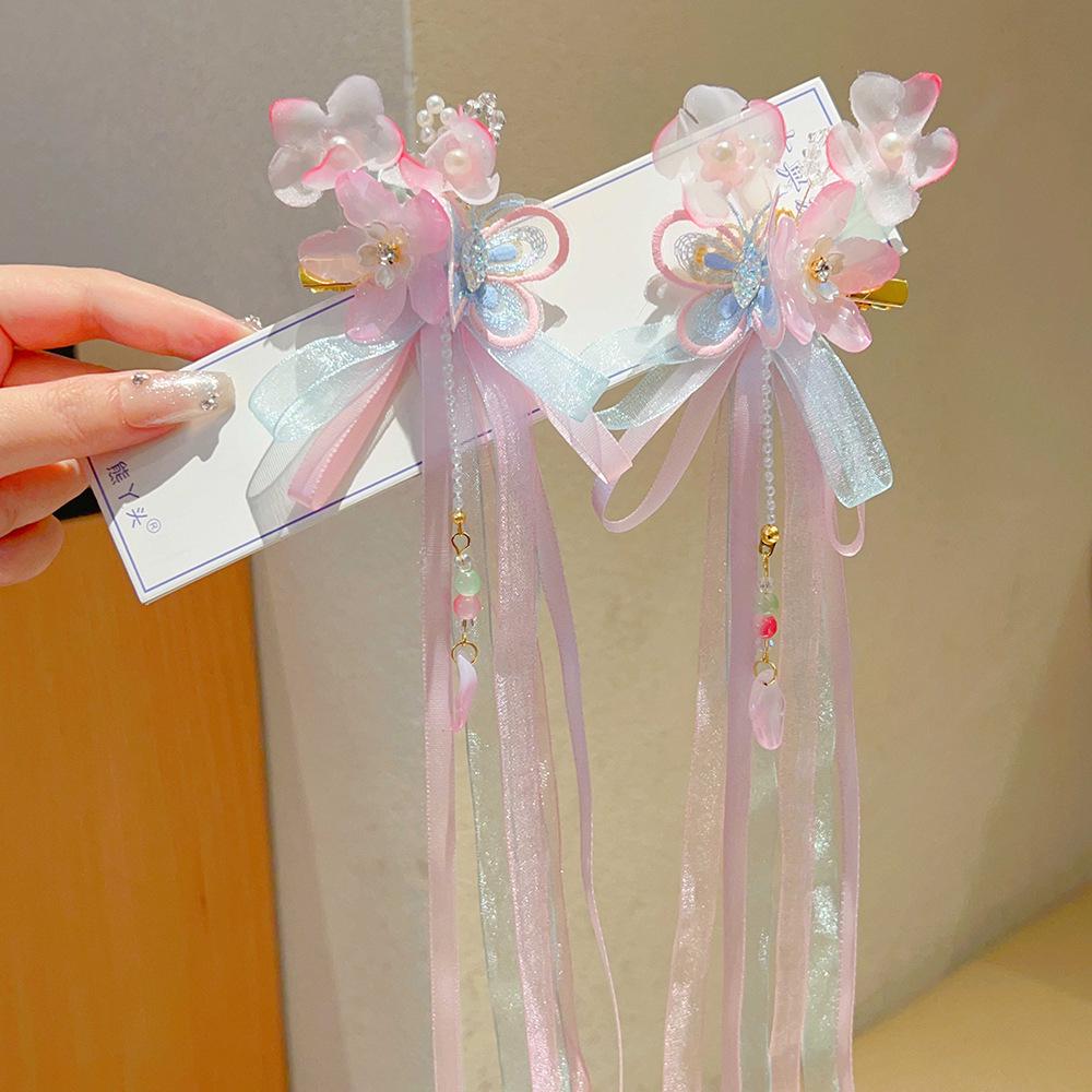 Ancient Style Hanfu Princess Butterfly Hair Clips with Long Ribbons - Children's Chinese Fairy Hair Accessories (Pair)