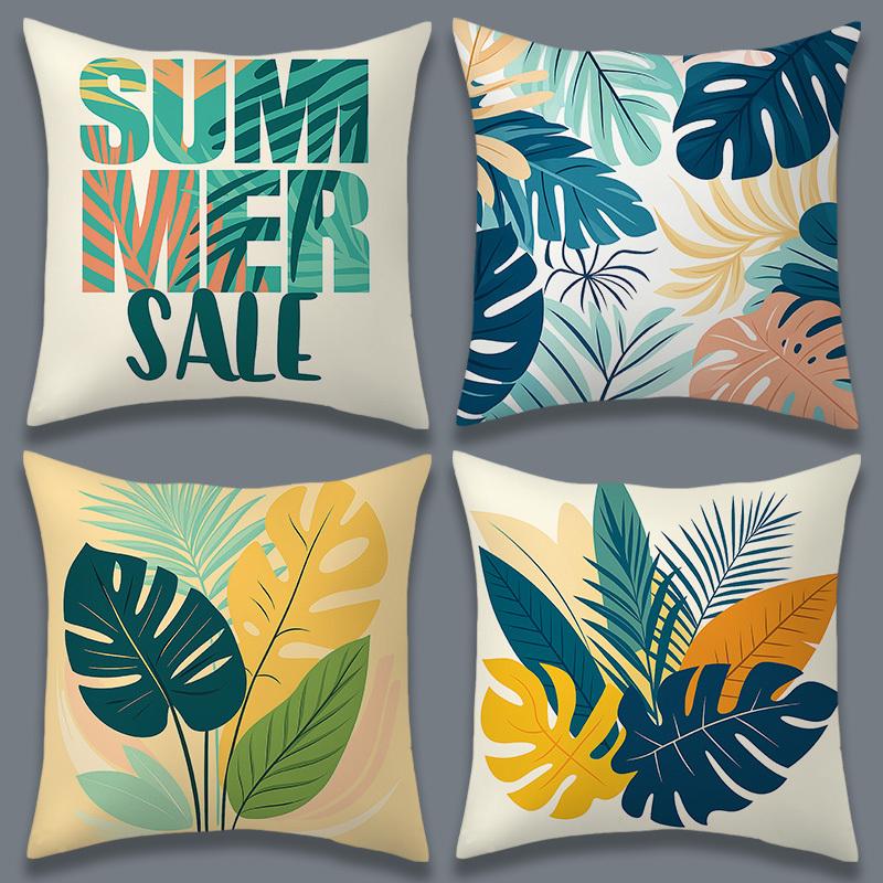 4Pcs Summer Tropical Palm Leaf Throw Pillow Covers, "Summer " Text & Monstera Print Cushion Cases, Fresh Boho Home Decor