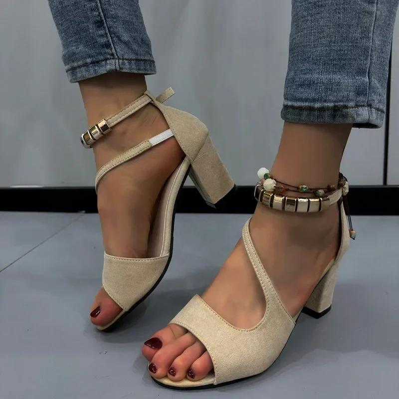 Fashion Shoes Female 2024 Plus Size Ankle-wrap Women's Sandals Peep Toe Office Sandals Women Metal Decoration Buckle Strap Shoes Women