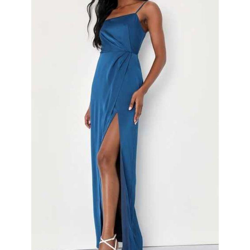 Foreign Trade Order Lu's Sling Smooth Fabric Beautiful Square Collar Pleat Split Temperament Elegant Royal Sister Slimming Dress