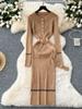 Autumn Korean Fashion Classy Sweater Dress Women Metal Breasted Belt Bodycon Long Dress Female Design Outdoor Knitted Clothing