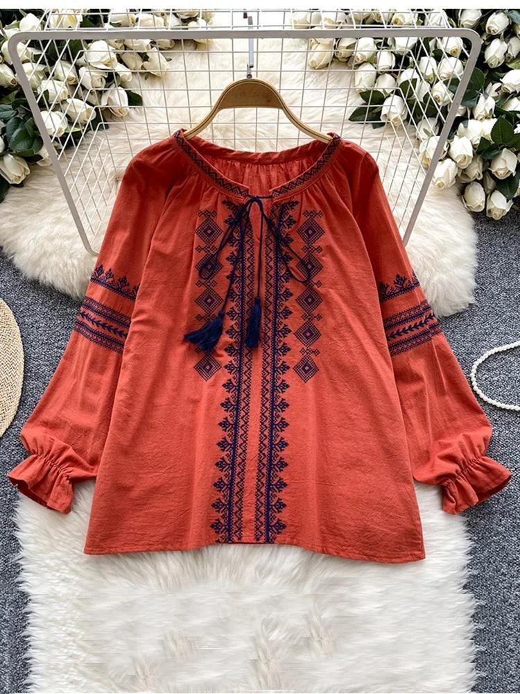 New Retro Bohemian Embroidered Blouse Women s Lantern Long Sleeve Lace Up Top Spring Autumn Shirt One Size оранжевый