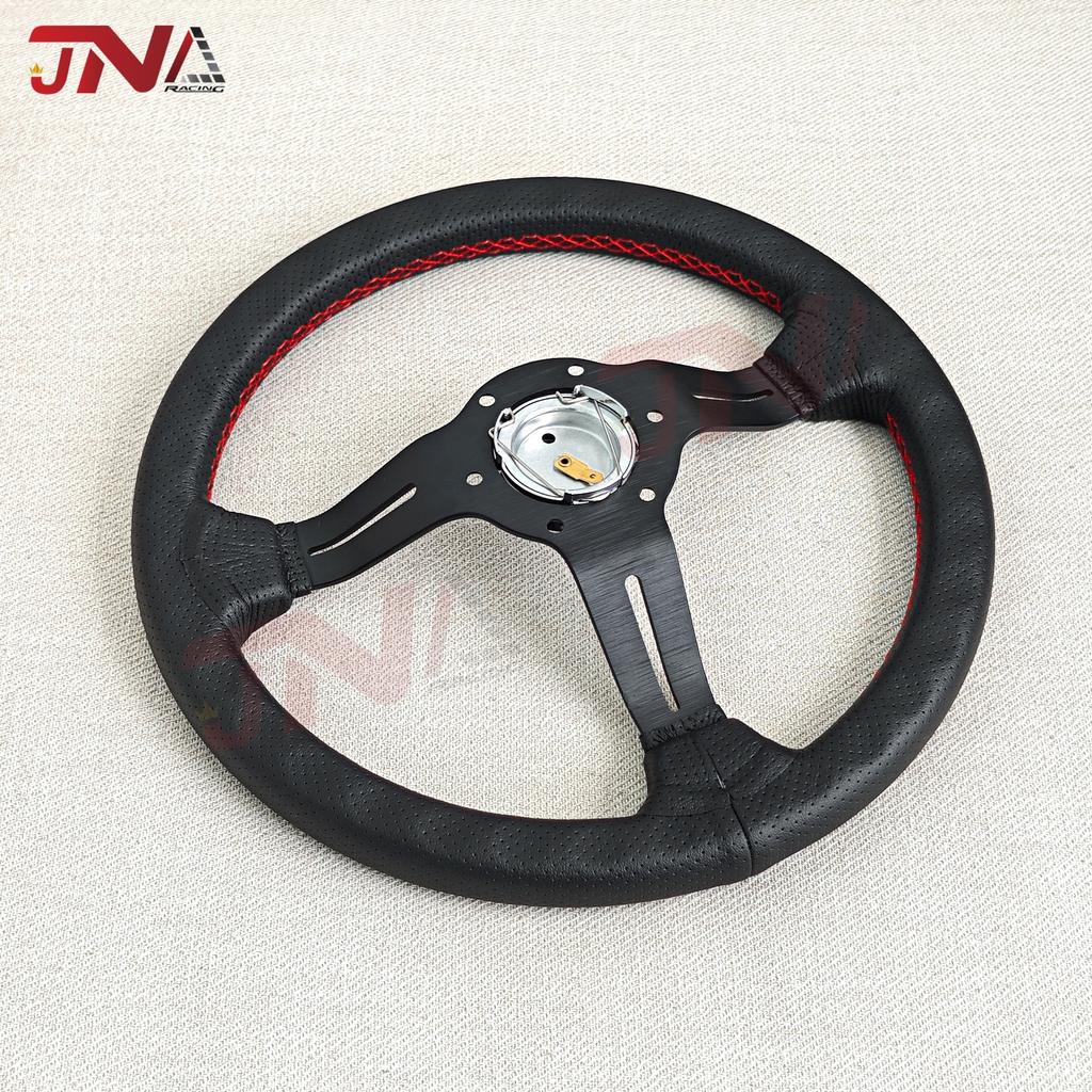 14inch 350mm Aluminum Spoke Perforated Leather Auto Racing Steering Wheel Deep Corn Drifting Sport Steering Wheel Red Line