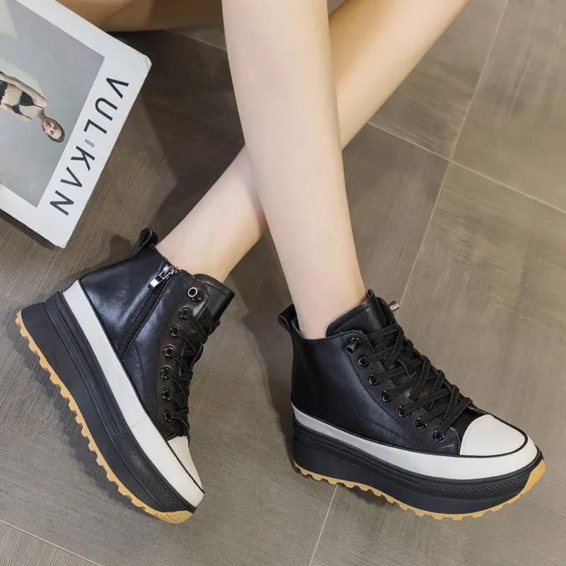 Fashion High Platform Boots Shoes PU Leather 7CM Women's Platform Boots Black White Plaftform Ankle Boots For Women Girls 2024 New