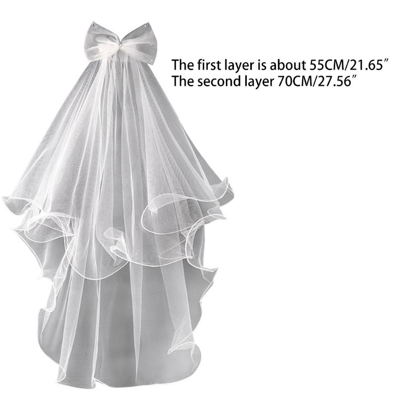 Wedding Veil with Metal Comb Wedding Hair Accessories for Flower Girl 2 Tier Longest Tulle 28" Embellished with Bow