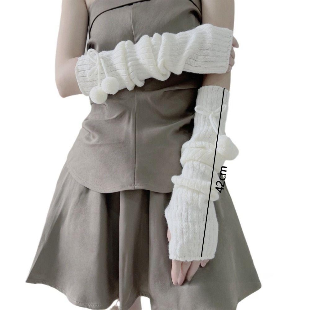 Fashion Long Arm Warmer Gloves Cute Furry Ball Cold Proof Warm Arm Sleeve Knitted Fingerless Gloves Women