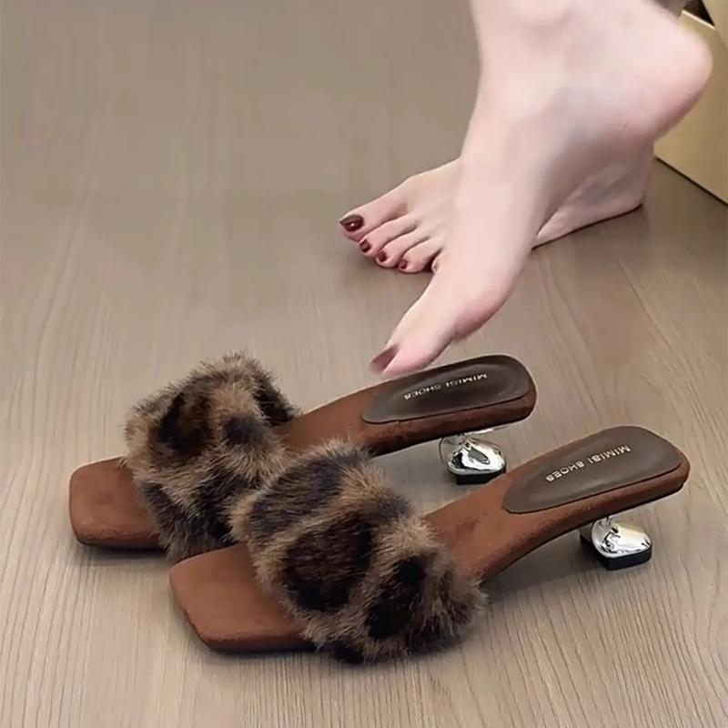 Fashion Women's Slippers New Fashion Plush Warm Luxury Autumn Winter Open Toe Fake Fur Leopard Decorative Non-slip High-heeled Slippers