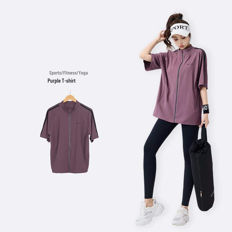 2026 New Arrival Plus Size Slimming Three-Piece Fitness Set: Short Sleeve Zipper Top, Belly Covering, Tapered Leg Pants