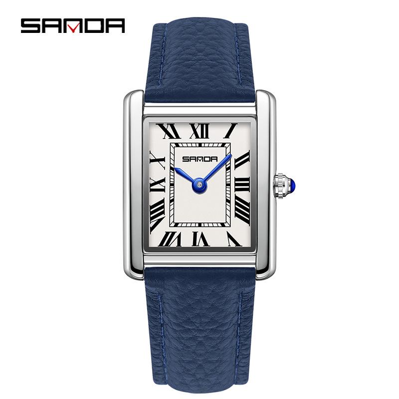 Montre à Quartz pour Femme Sanda, Petit Cadran, Chiffres Romains, Mode Étanche Rectangulaire, Design Couple.