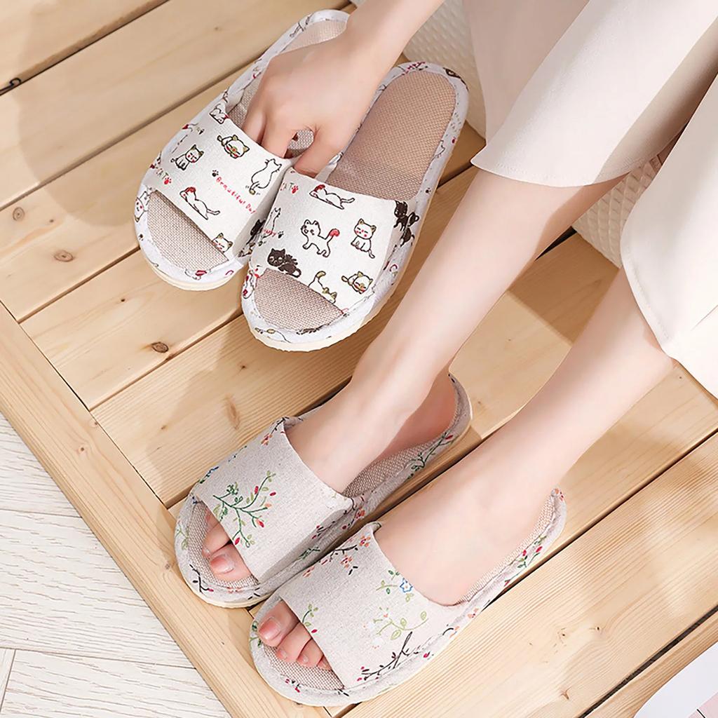 Fashion Linen Slippers House Women Floral Autumn Cute Home Couples Indoor Non Slip Funny Sandals Cartoon Kawaii Cat Shoes
