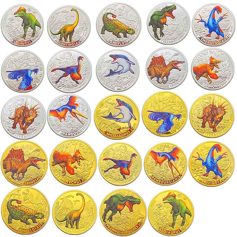 Dinosaur Animal Tyrannosaurus Rex Gold Plated Color Printing Commemorative Medal Creative Craft Gold Coin Velociraptor Children's Gift Coin