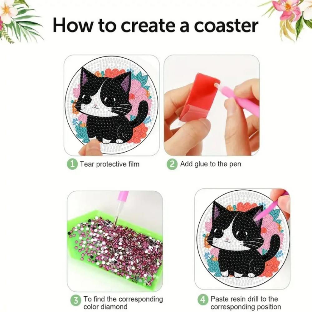 8 Stück/Set Untersetzer mit Diamantmalerei-Katzenmuster, DIY-Untersetzer mit Halter, Geeignet für Anfänger und Erwachsene, Kunst- und Bastelbedarf Geschenke