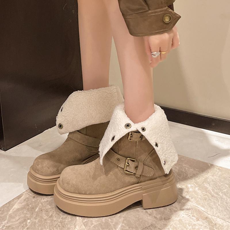 Women's fashion lightweight thick sole heightening winter warm fur one snow boots padded lining non-slip casual sports Martin cotton boots