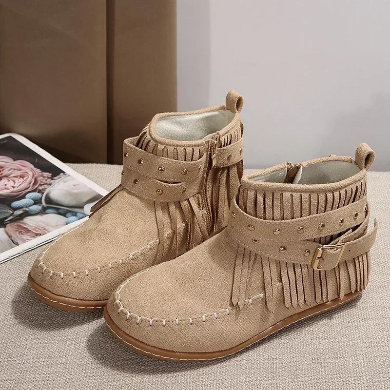 Fashion Women Winter Large Size Rivet Boots Woman Retro Ethnic Western Cowboy Boots Block Flat Heels Tassel Fringe Ankle Boots