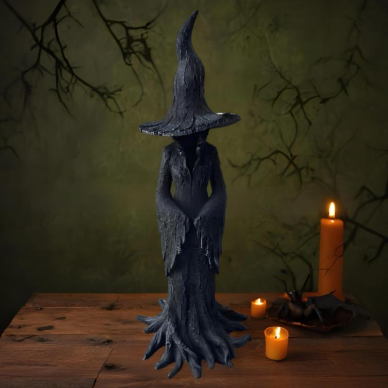 Halloween Witch Statue Tree Root Witch Figurine Sculpture Desktop Witch Decor Ornament Resin Home Office Party Decoration