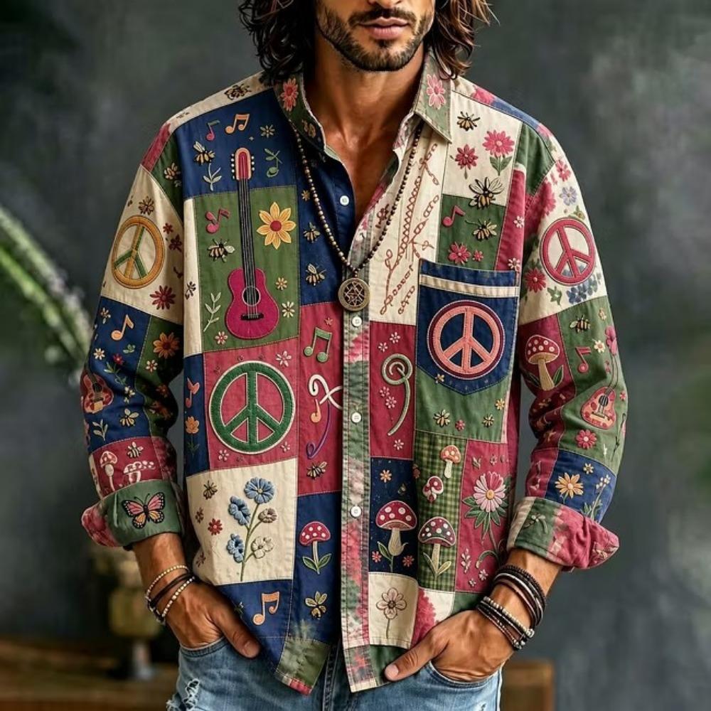 Nuova Camicia Lunga Patchwork Bohemien da Uomo con Stampa Sole, Luna, Stelle, Camicia con Collo per Festival Musicale Vacanze