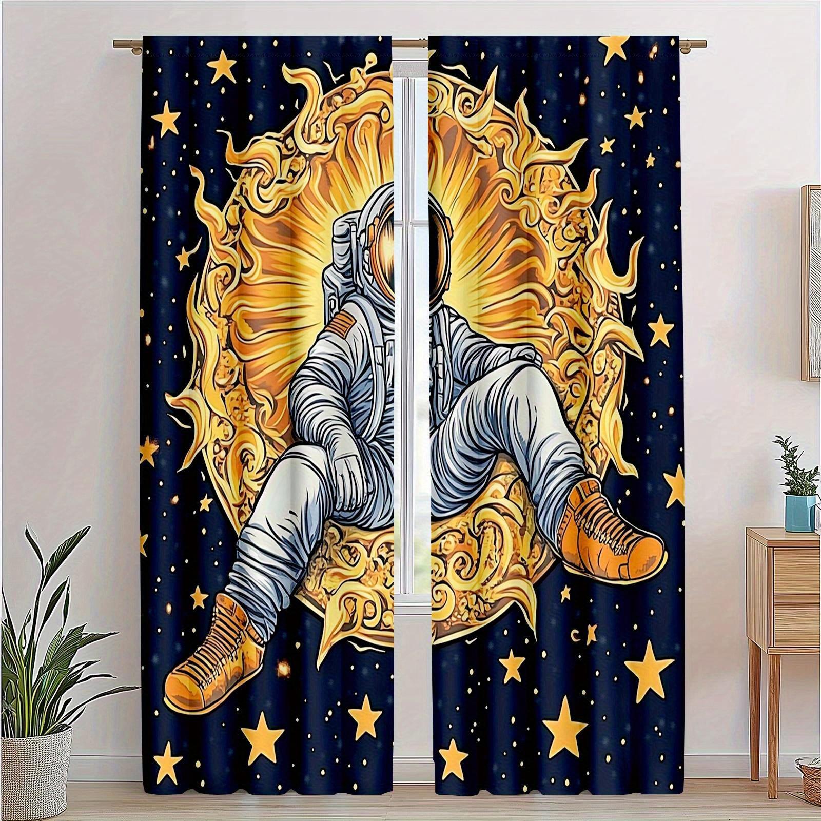 2pcs Polyester Semi-sheer Traditional Rod Pocket Curtains Cartoon Astronaut Lying on the Moon Machine Washable 100*130 Rod Pocket 1pcs