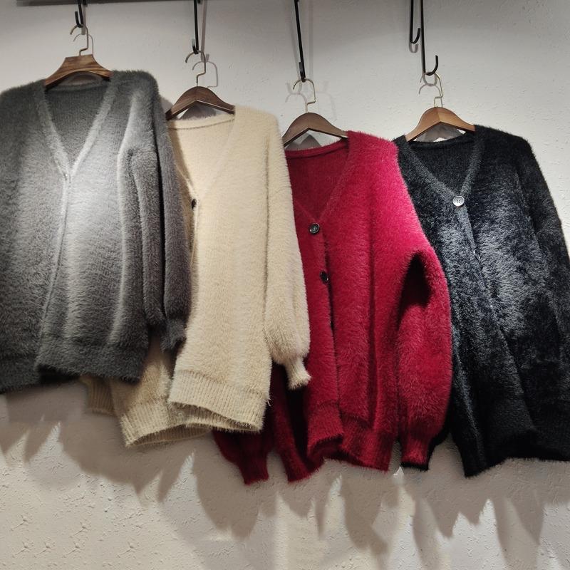 

Кардиган куртка из искусственной норки женский осенне-зимний свободный новые модели с тонким V-образным вырезом вязаный свитер конский волос One Size