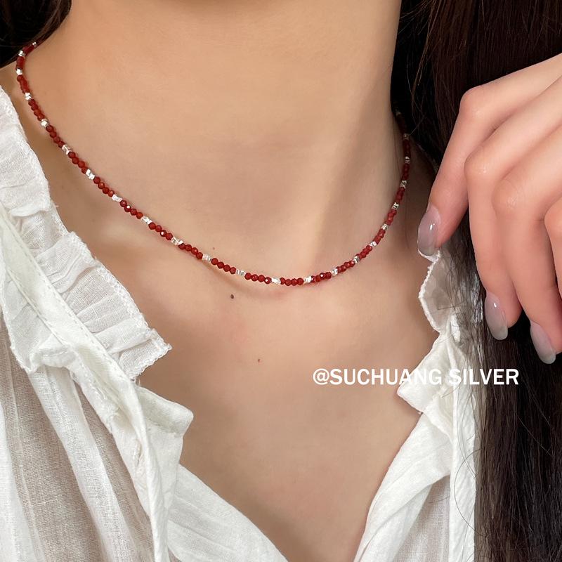Elegant S925 Sterling Silver Red Agate Bead Necklace for Women - Light Luxury and High-End Feel with Silver Flake Clavicle Chain