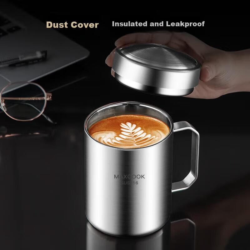 Maxcook 316 Stainless Steel Double-Layer Tea Cup with Lid and Handle for Children and Students 400ml MCB1112