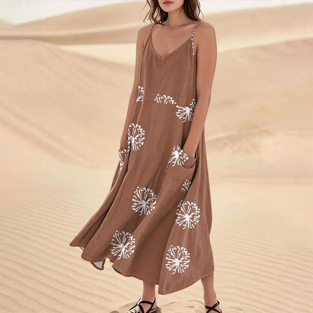Women's Casual V Neck Dot Print Sleeveless Pocket Suspender Dress